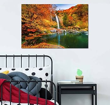 Amazon.co.jp: 滝 絵画 紅葉 自然 風景 ポスター 秋色 川 山